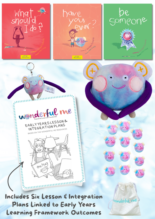 Educational materials and toys with 'wonderful me' branding on a blue background