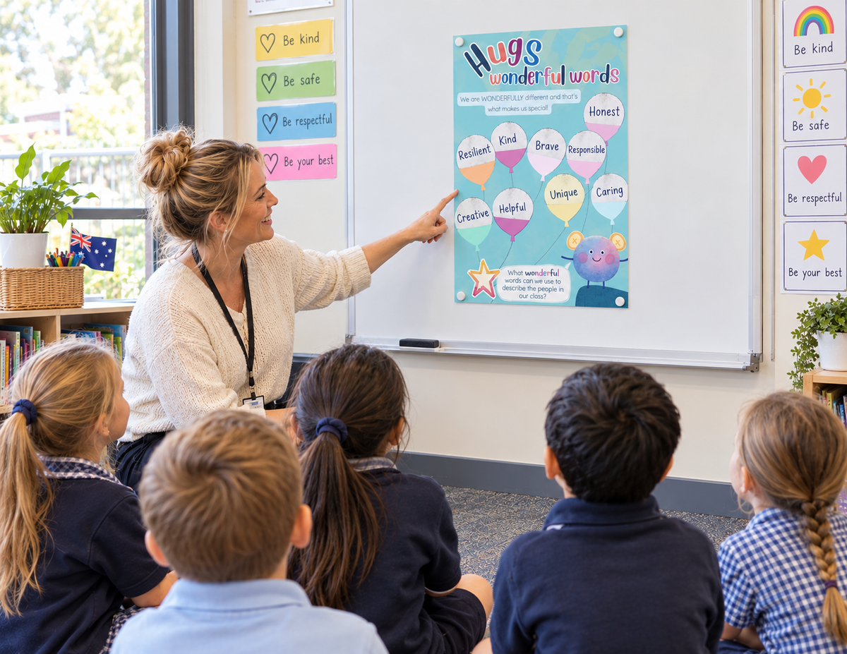 Hugs Wonderful Words Classroom Posters - 5 Styles to Choose From