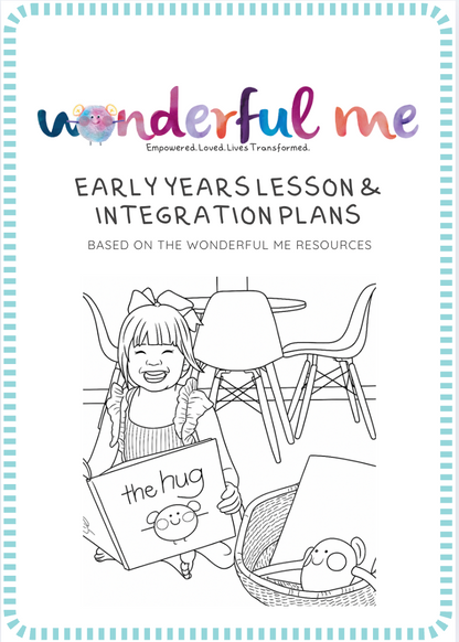 Cover of 'Wonderful Me' early years lesson and integration plans with a child holding a sign and chairs in the background.