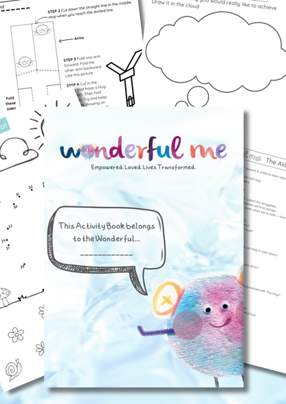 Activity book titled 'Wonderful Me' with colorful illustrations and text.