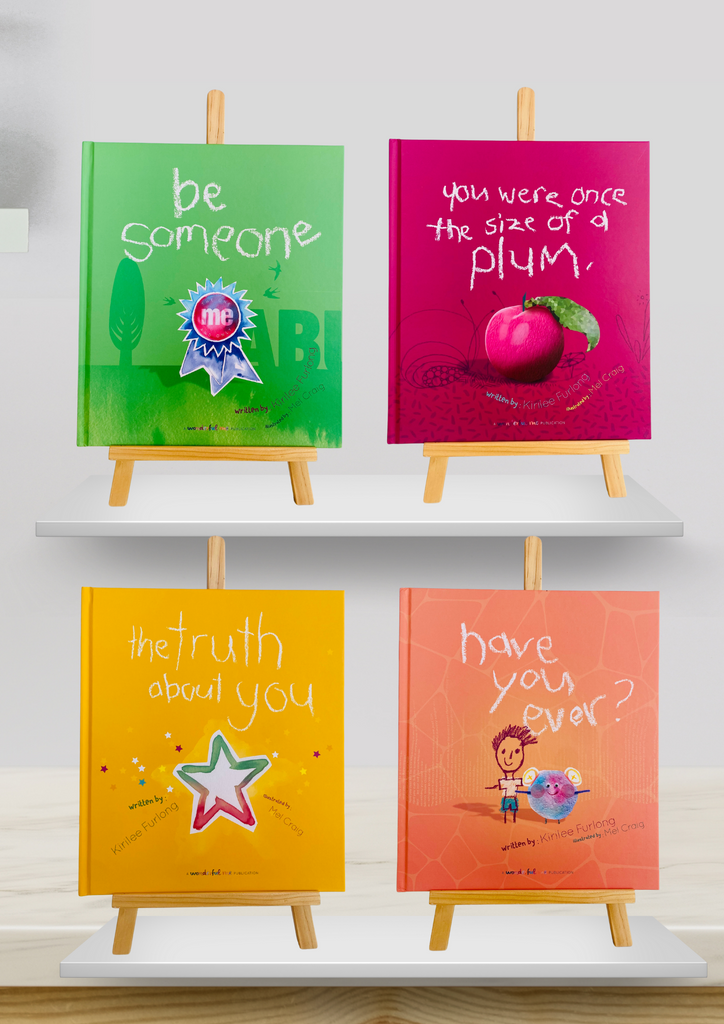 Four of the Wonderful Me books on a stand; Be Someone, You Were Once the Size of a Plum, The Truth About You, and Have You Ever?
